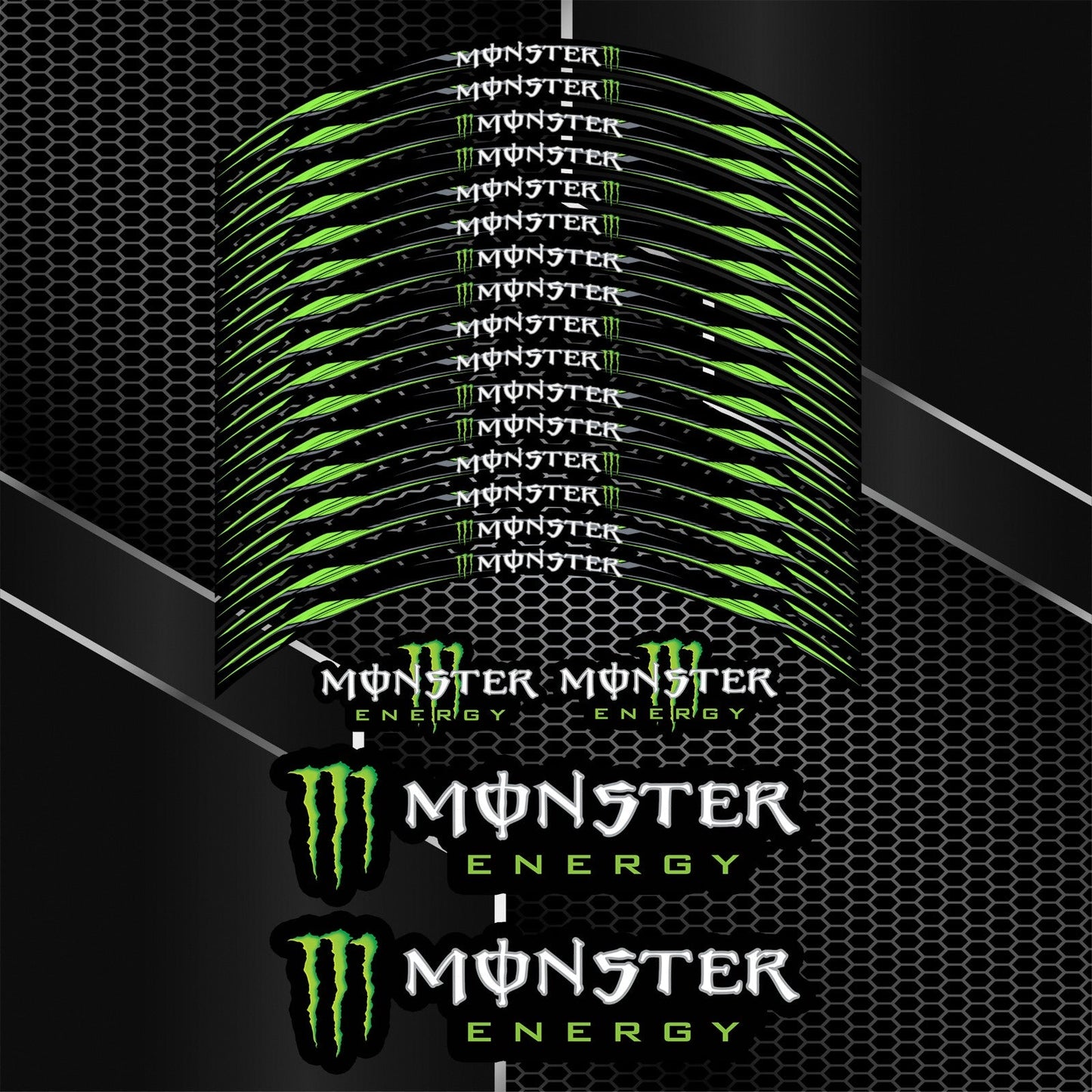 Monster Energy ratlankių lipdukų komplektas Kawasaki, Honda ir Yamaha motociklams