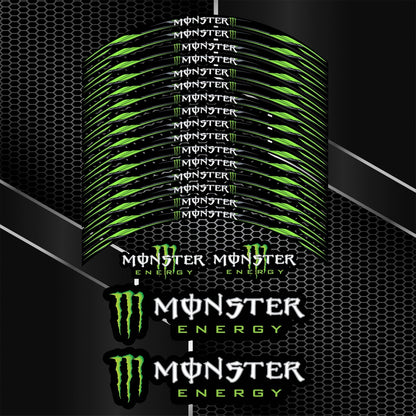Monster Energy ratlankių lipdukų komplektas Kawasaki, Honda ir Yamaha motociklams