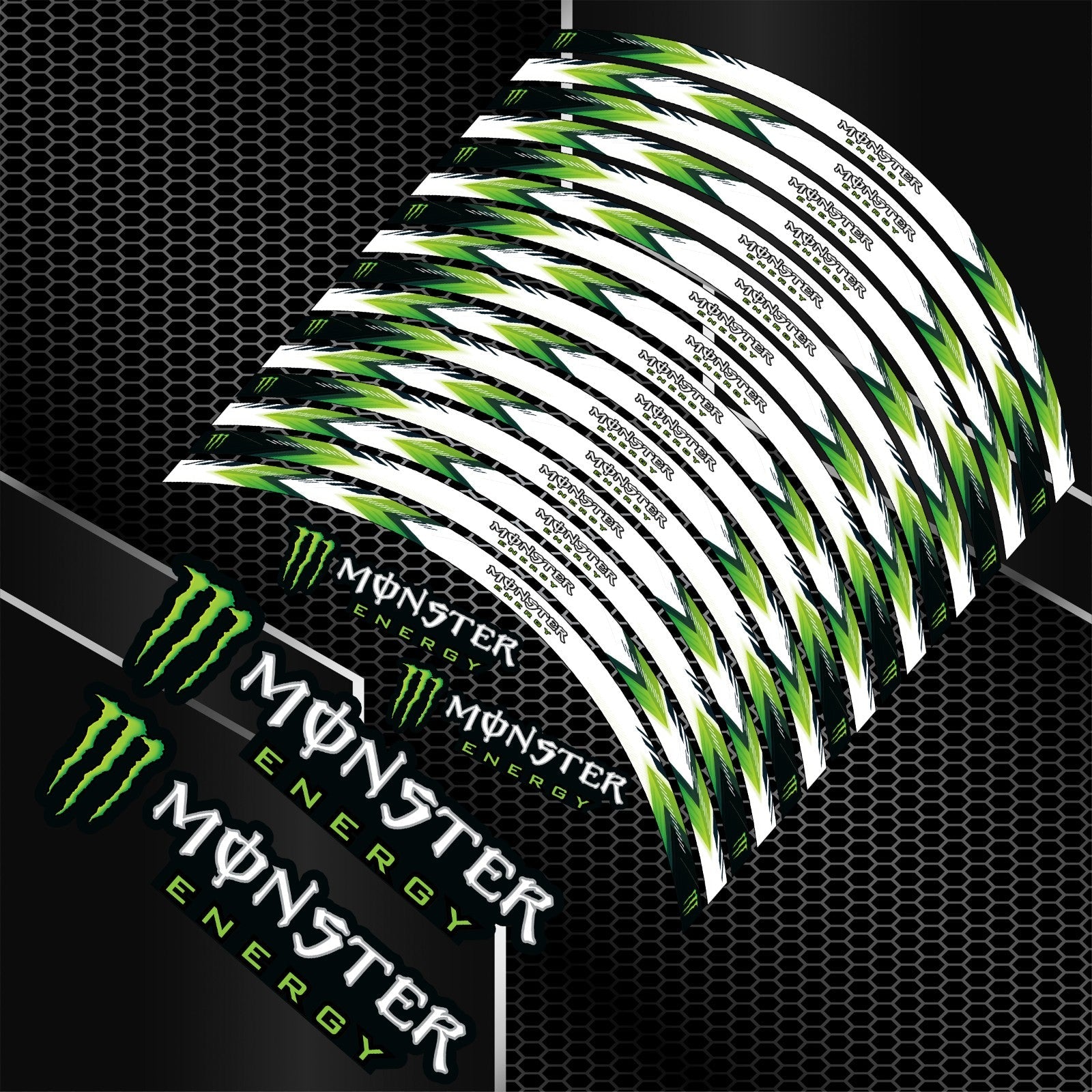 Monster Energy universalūs ratlankių lipdukai Kawasaki, BMW ir Yamaha motociklams