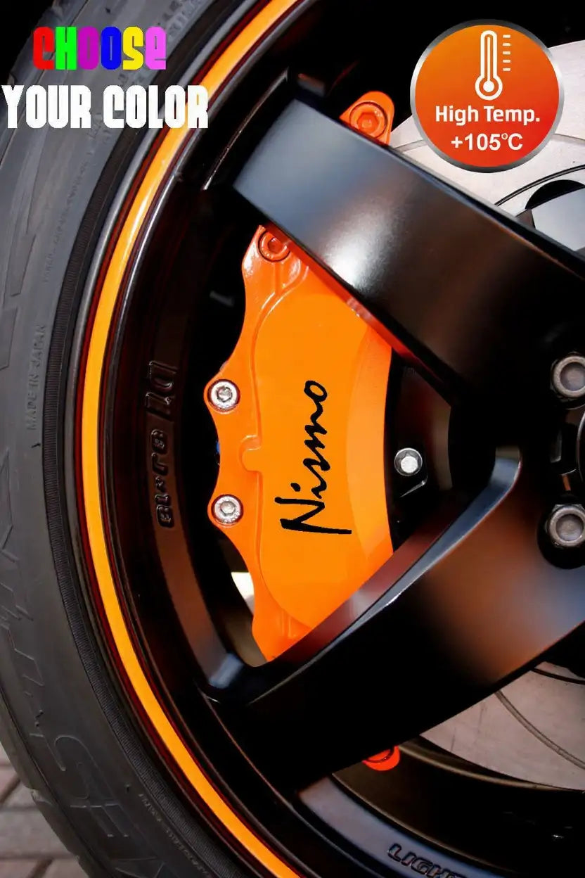 Nissan Nismo stabdžių suportų lipdukai, raudoni, 6 vnt., pritvirtinti ant suportų