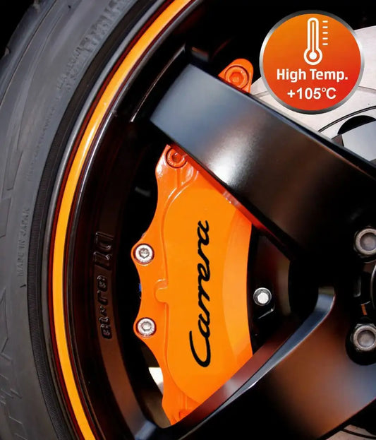 Porsche Carrera stabdžių suportų lipdukai, raudoni, 6 vnt., pritvirtinti ant suportų