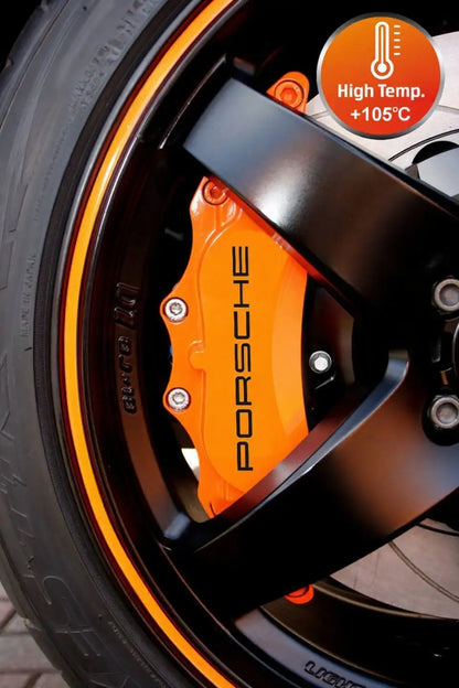 Porsche logo stabdžių suportų lipdukai, raudoni, 6 vnt., pritvirtinti ant suportų