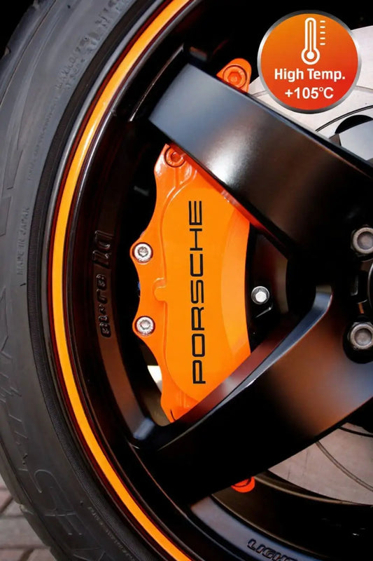 Porsche logo stabdžių suportų lipdukai, raudoni, 6 vnt., pritvirtinti ant suportų