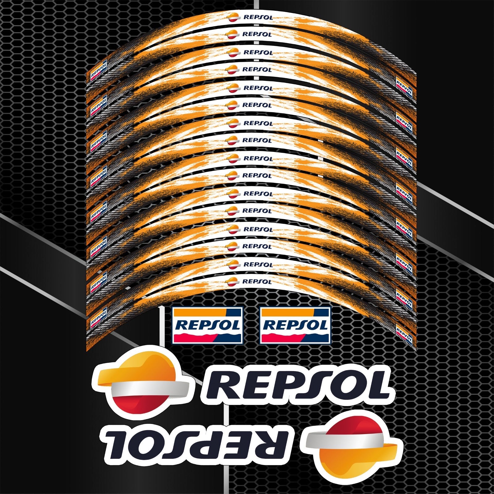 Universalūs REPSOL MotoGP stiliaus ratlankių lipdukai – atsparūs ir lengvai klijuojami