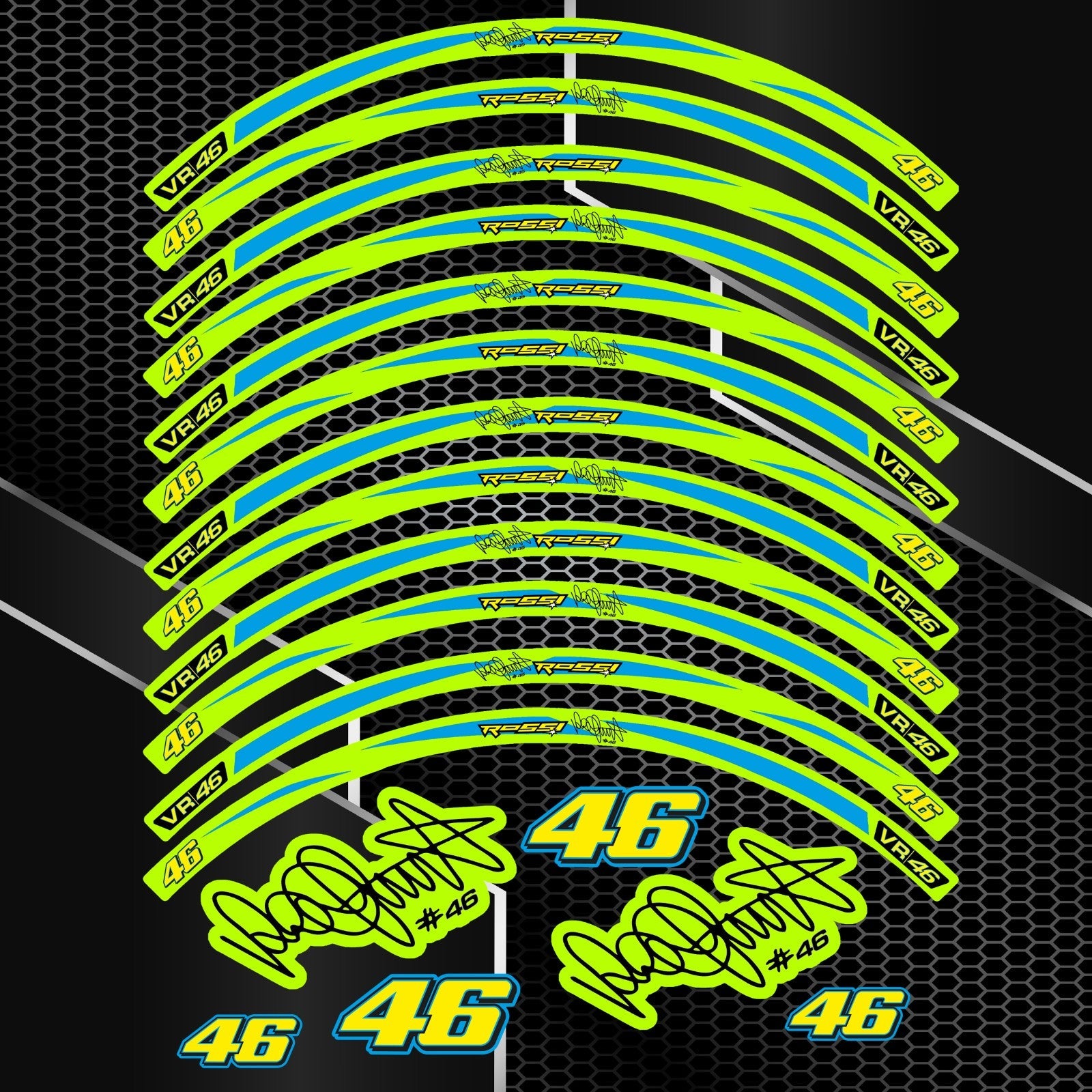 Universalūs Rossi ratlankių lipdukai BMW, Yamaha, Kawasaki motociklams