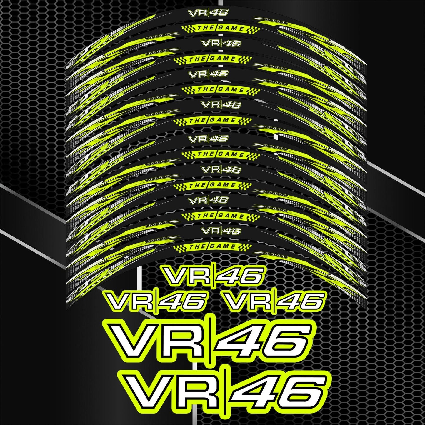 Sportiniai VR46 stiliaus lipdukai motociklų ratlankiams – tinka BMW, Yamaha, Kawasaki, Honda