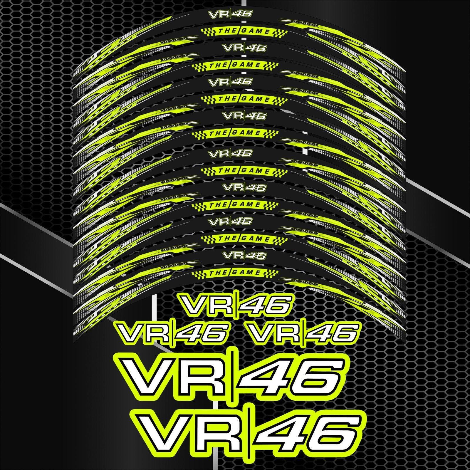 Sportiniai VR46 stiliaus lipdukai motociklų ratlankiams – tinka BMW, Yamaha, Kawasaki, Honda