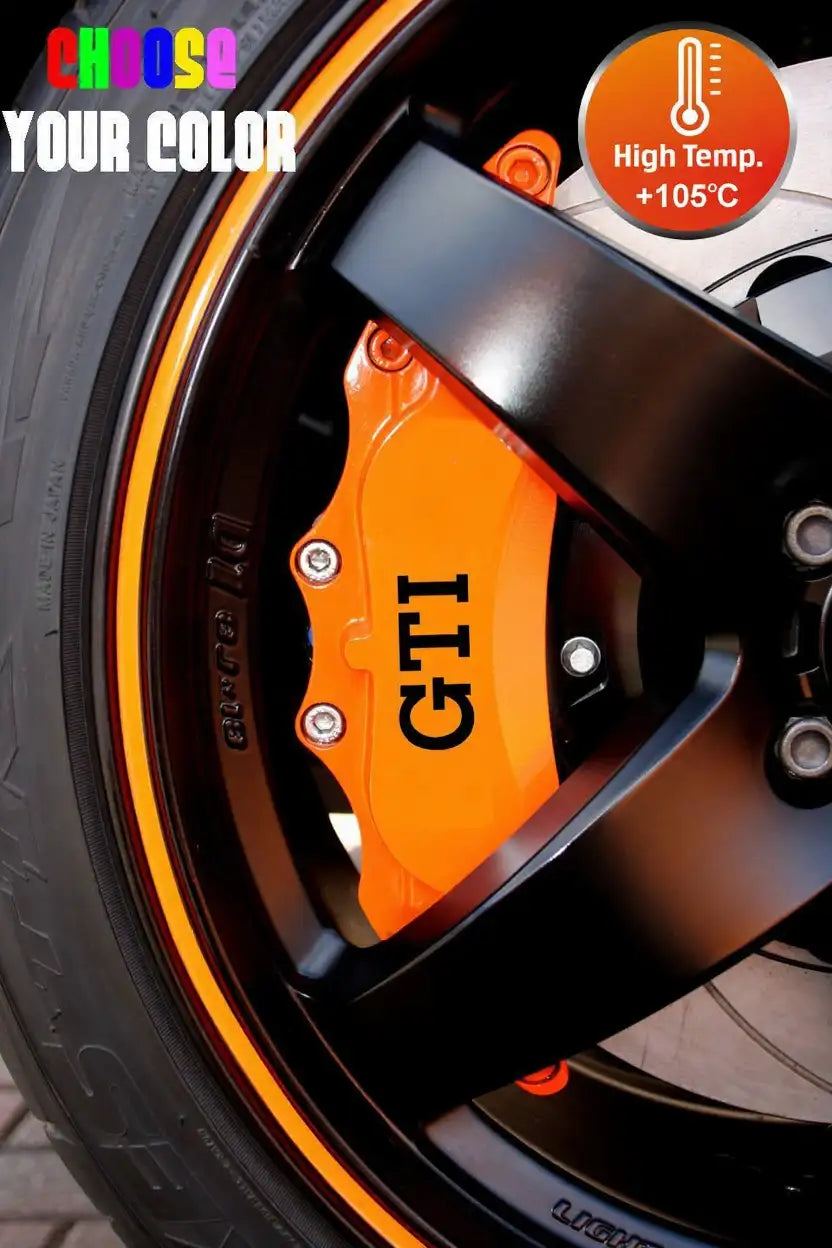 Volkswagen GTI stabdžių suportų lipdukai, raudoni, 6 vnt., pritvirtinti ant suportų