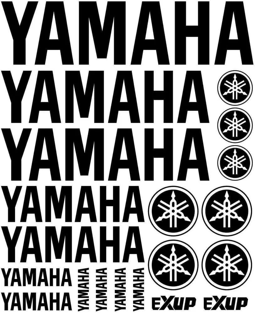 Pasikartojantis Yamaha teksto ir logotipų demonstravimas baltame fone