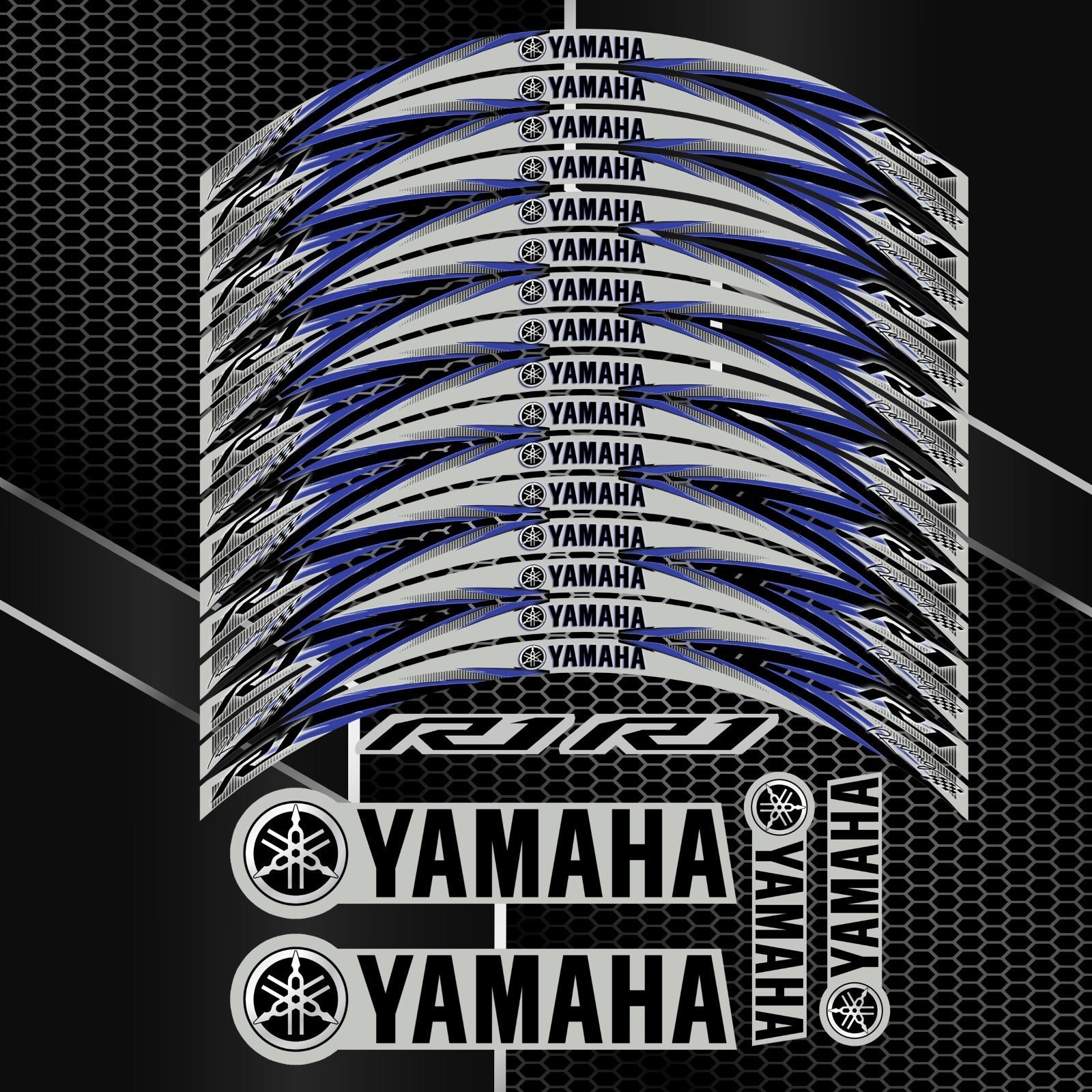 Yamaha R1 mėlyni, pilki ir sidabriniai lipdukai ratlankiams