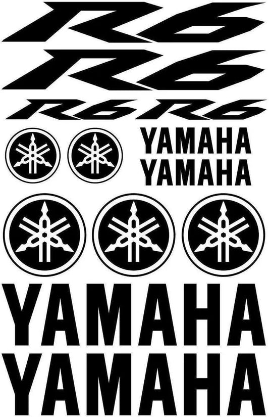 Yamaha lipdukų rinkinys su užrašu R6 ir prekės ženklo logotipais juodame fone