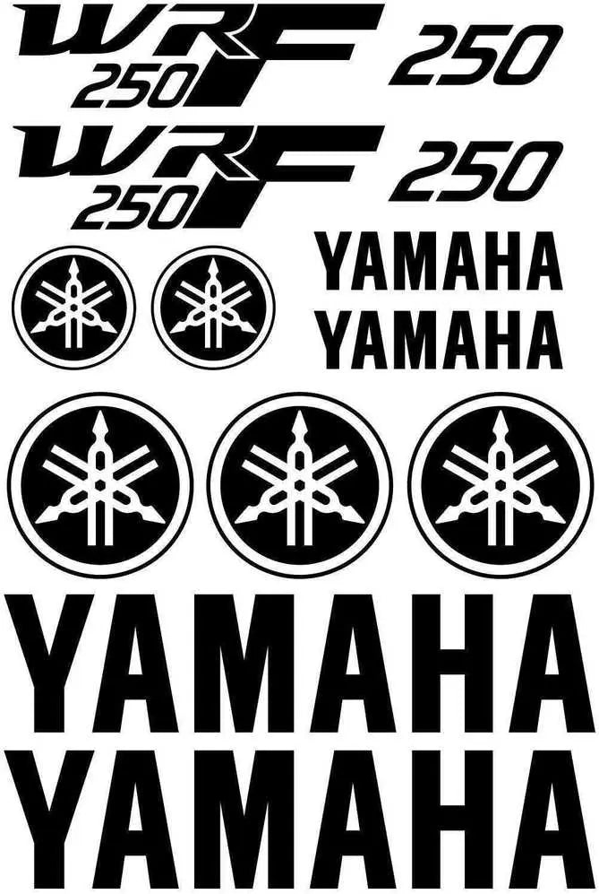 Yamaha WRF 250 lipdukai ir logotipai baltame fone