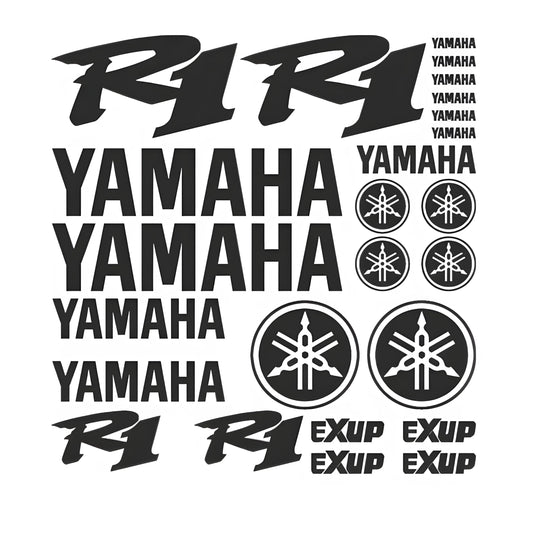 Yamaha R1 lipdukai ir logotipai baltame fone