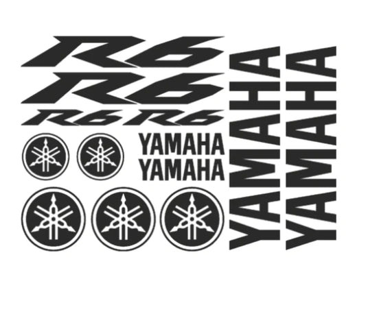 Yamaha R6 lipdukai ir logotipai baltame fone