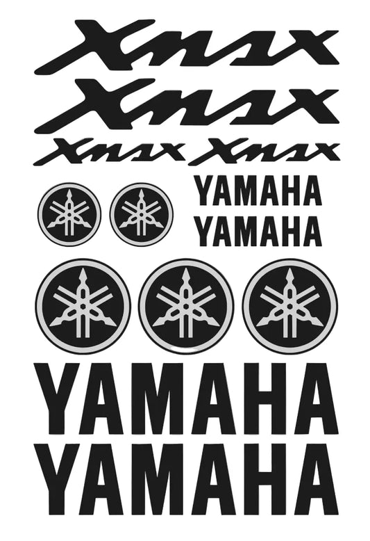 Yamaha lipdukai su užrašu XMAX ir logotipu pilkame fone