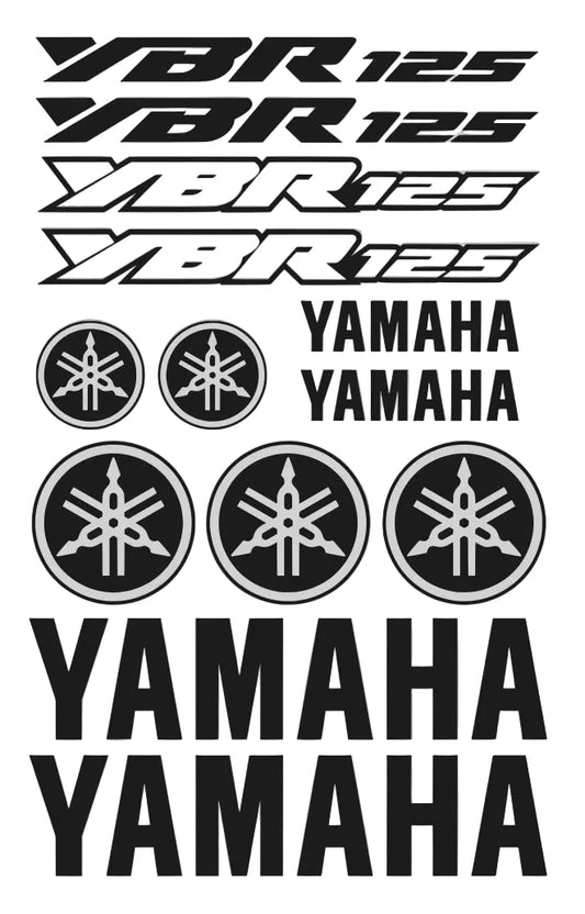 Yamaha YBR 125 lipdukai ir logotipai pilkame fone